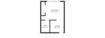 A black and white image of a floor plan for a living room, bath, and kitchen.