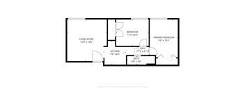 A black and white floor plan of a house with a living room, kitchen, two bedrooms, a bath, and a hall.