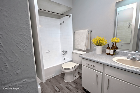 A bathroom with a toilet, sink, and mirror.