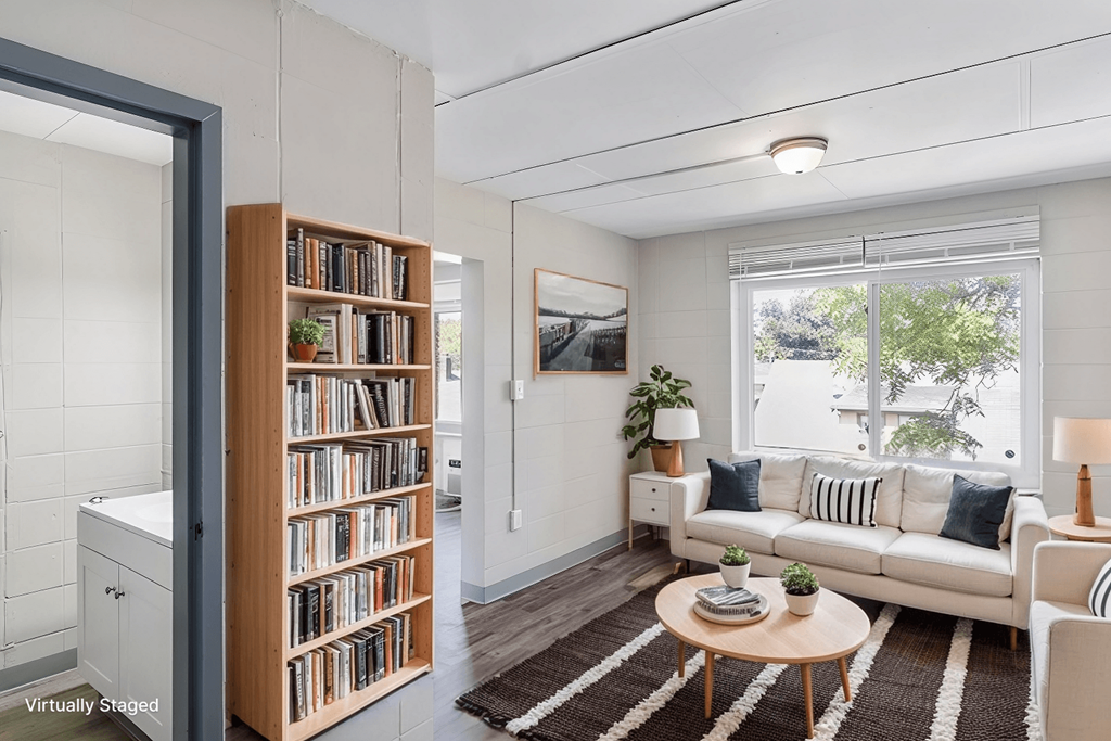 A living room with a white couch, a wooden bookshelf, and a rug.