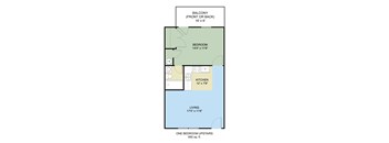 A floor plan of a small apartment with one bedroom and one bathroom.