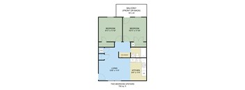 A floor plan of a two bedroom apartment with a living room, kitchen, and two bedrooms.