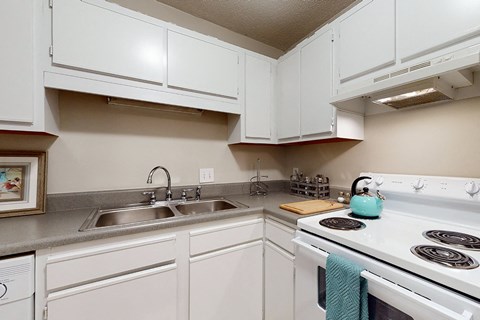 a kitchen with a stove top oven and a sink