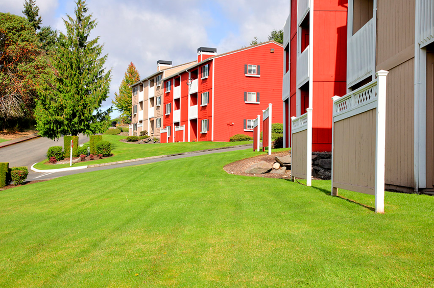 our apartments offer a spacious courtyard with green grass and trees