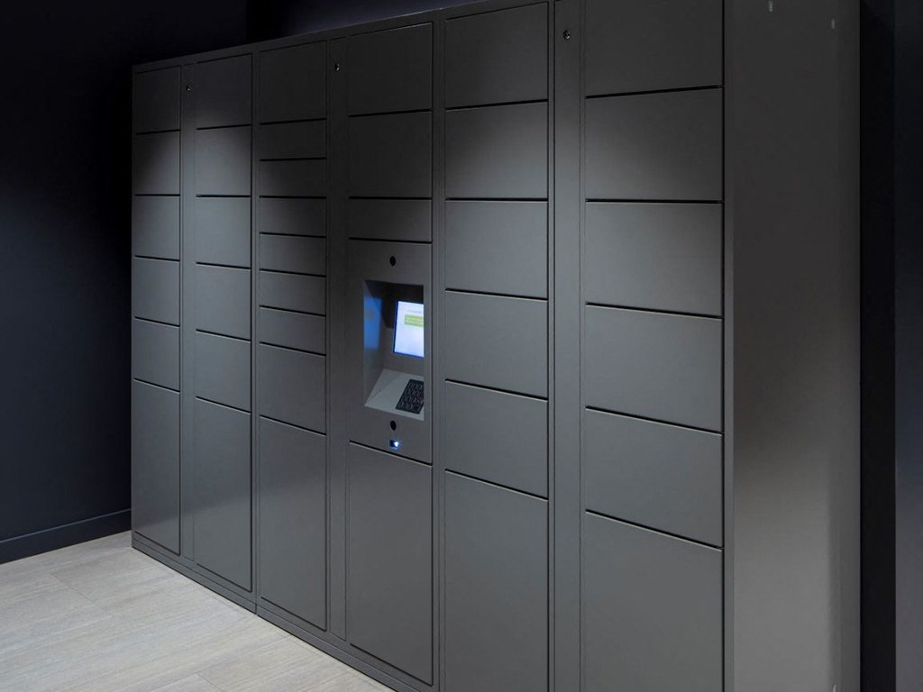 a machine in a wall of cabinets