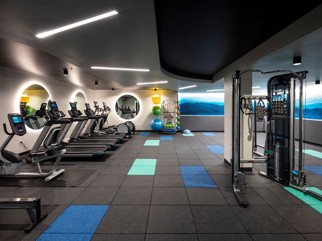 a gym with cardio equipment and a view of the mountains