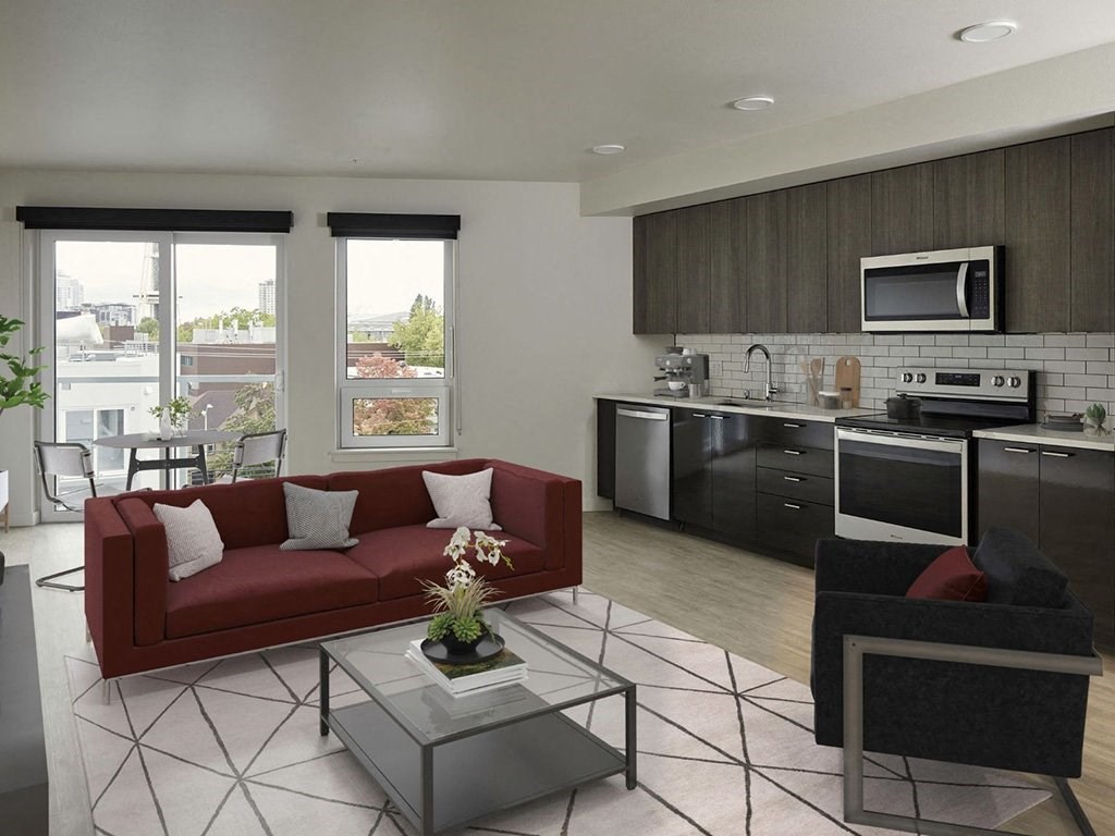 a living room with a couch and a table