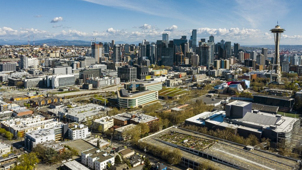 a view of the skyline from the space needle