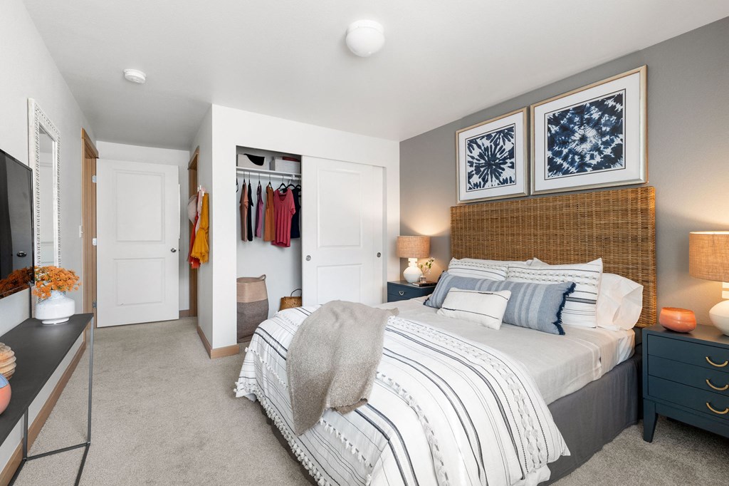 a bedroom with a bed and a closet