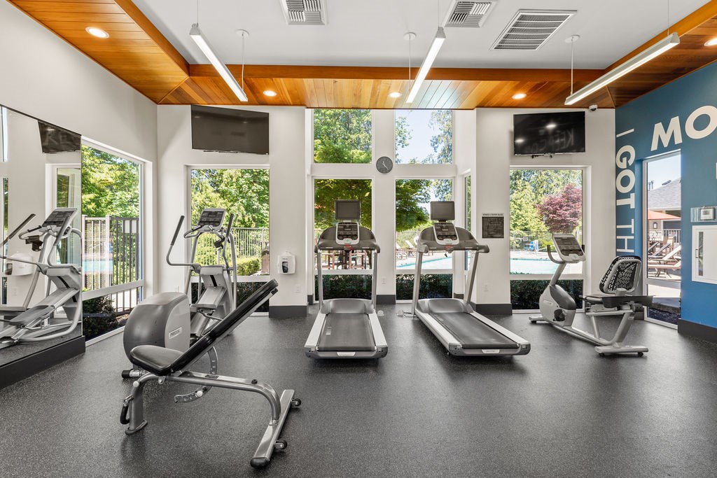 A gym with treadmills, elliptical machines, and a weight bench.