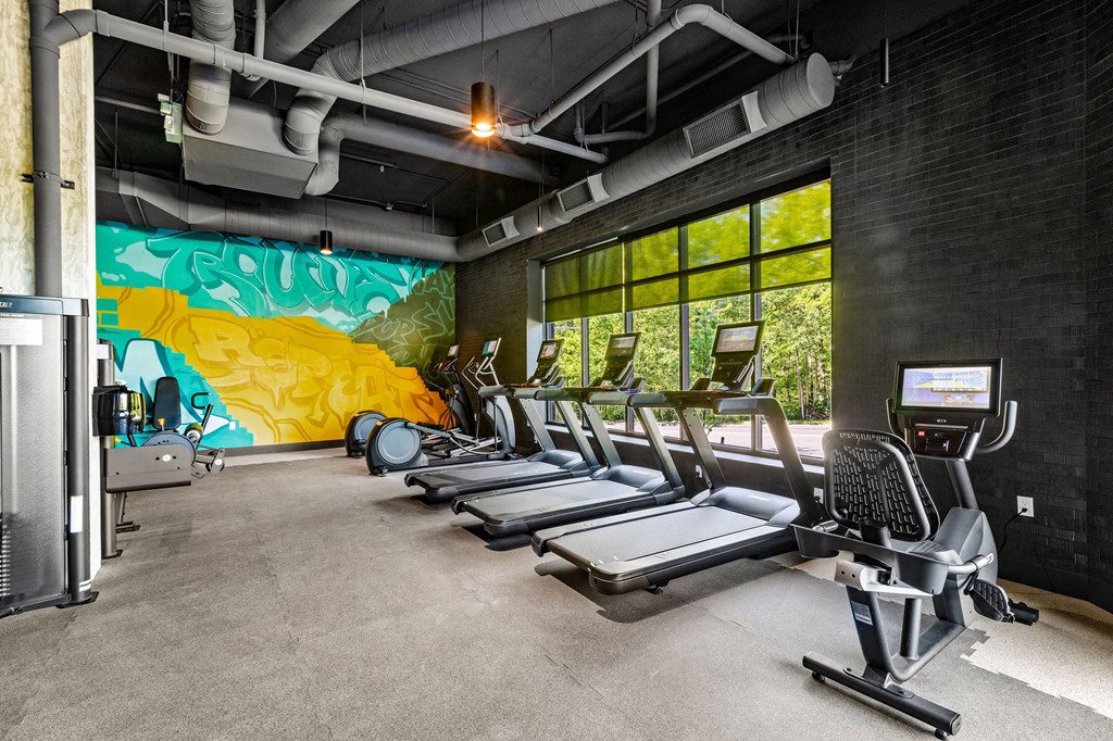 the gym has cardio equipment and a mural on the wall