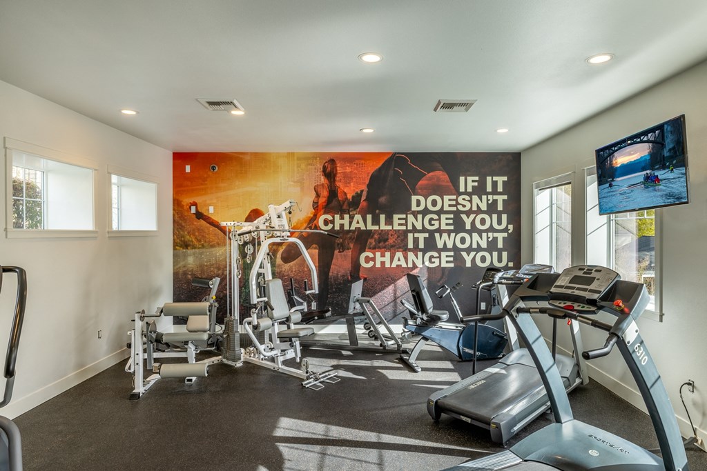 a gym with exercise equipment and a large mural on the wall