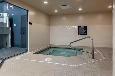 A small indoor pool with a glass door entrance.