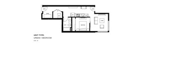 A black and white drawing of a floor plan for an urban 1 bedroom unit.