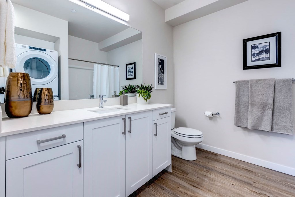 a bathroom with a toilet sink and a washing machine