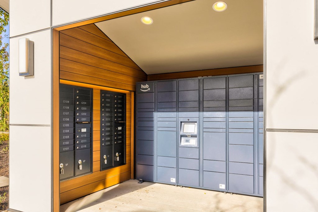 the front door of a building with lockers and a ramp