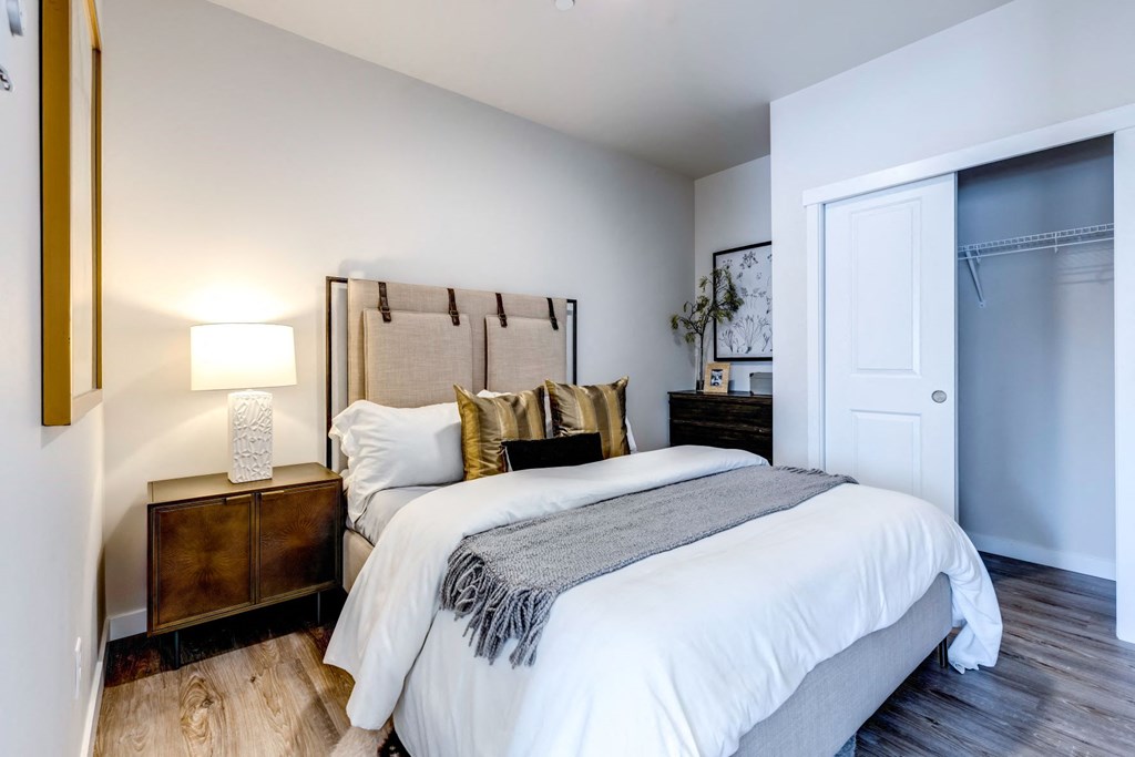 a bedroom with a large bed and a closet