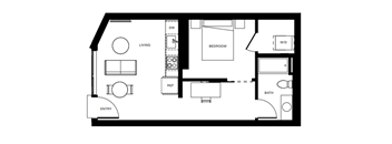 A black and white floor plan of a small apartment with a living room, bedroom, and bathroom.