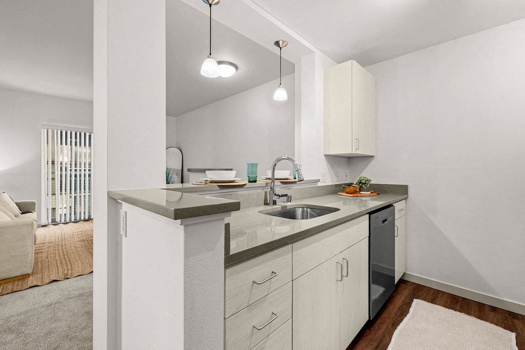 a kitchen with a sink and a counter top