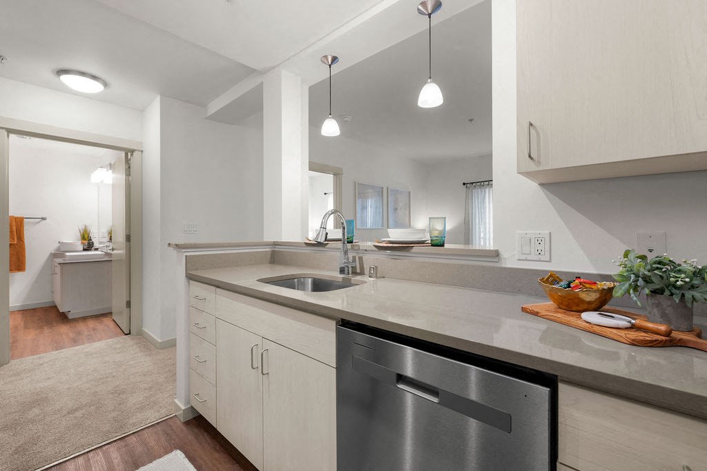 a kitchen with a stainless steel dishwasher and a sink