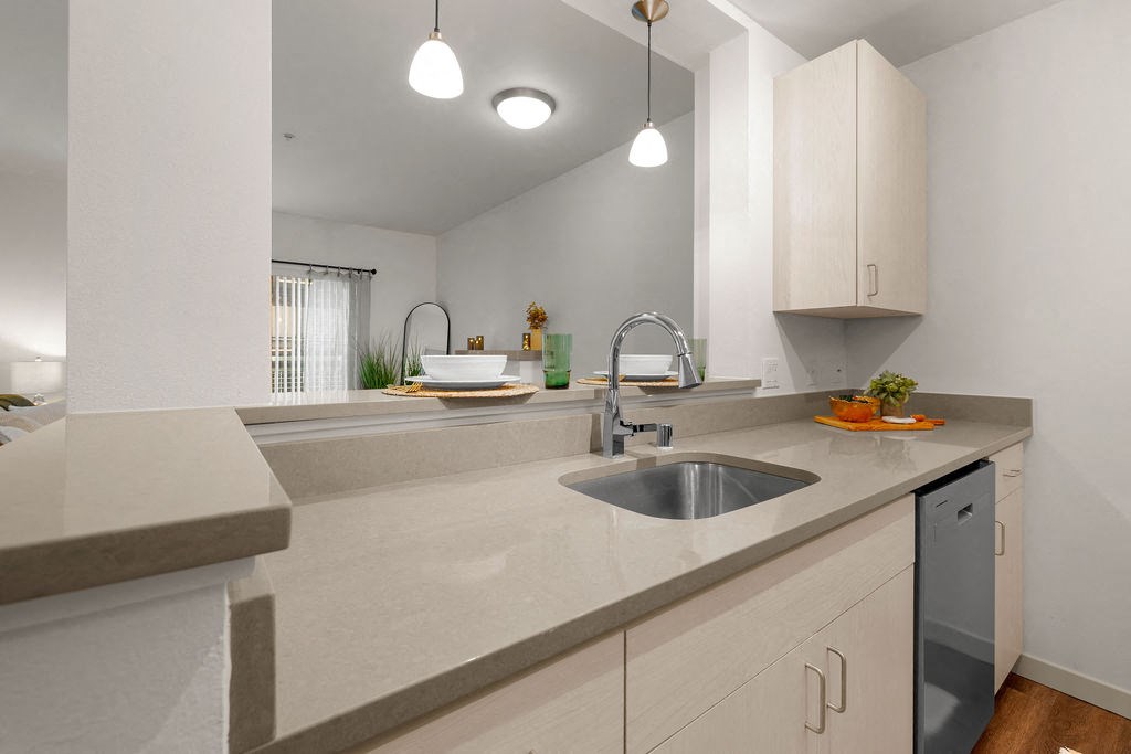 a kitchen with a sink and a counter top
