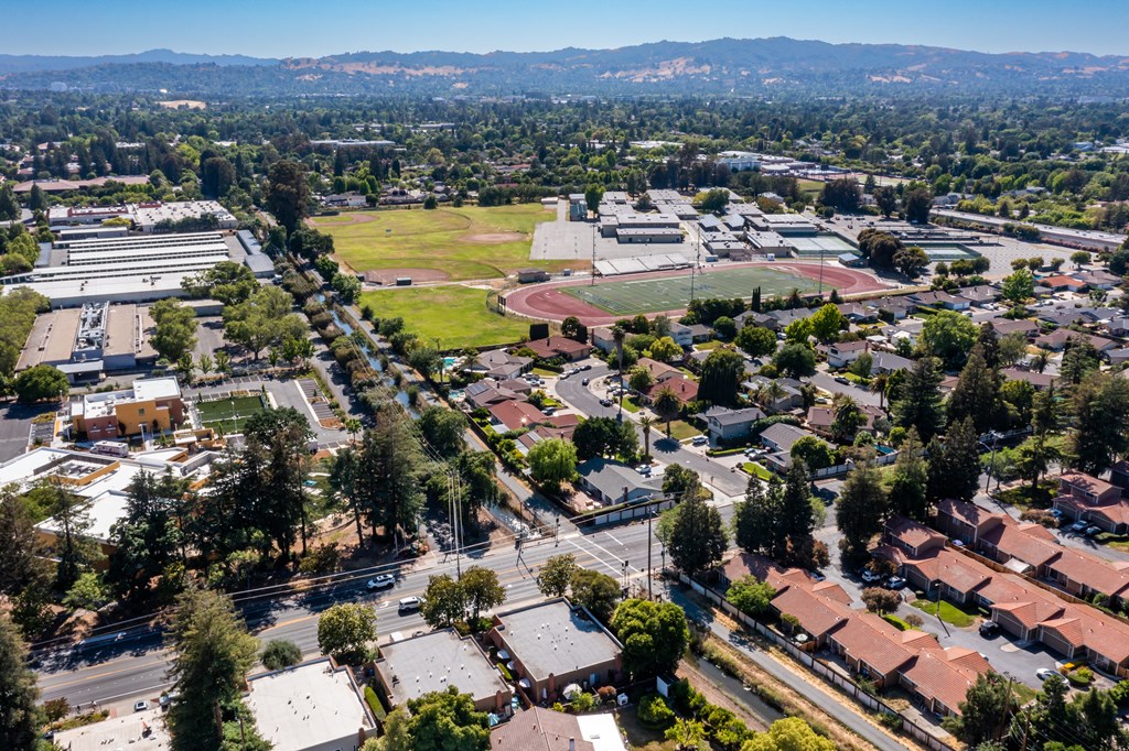 a drone stadium shot of a neighborhood in Concord at Oak Grove Terrace California, Oak Grove Road