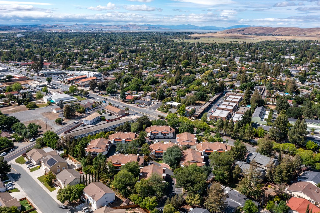 an aerial view of a neighborhood of houses with trees in the foreground and mountains in the background at Greentree Terrace Apartments, California, 94521