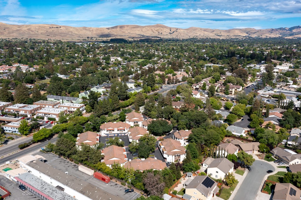 arial view of a neighborhood with trees and mountains in the background at Greentree Terrace Apartments, CONCORD, CA