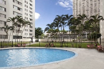 a large pool with palm trees in the background