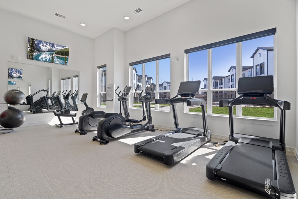 A gym with treadmills, elliptical machines, and exercise balls at SOSA at Palo Alto Apartments, San Antonio