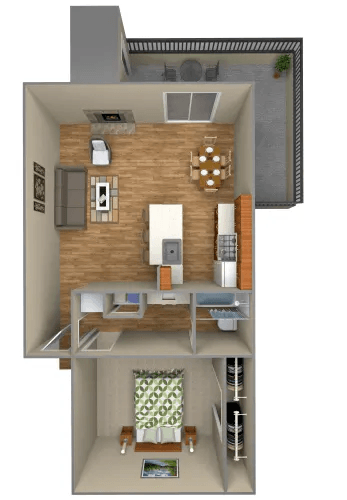 1-bedroom 3D floor plan at Sugar Tree Apartment Homes, Corpus Christi