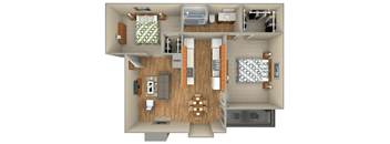 a 3d floor plan of a 560 sq. ft. apartment at Sugar Tree Apartment Homes, Corpus Christi, TX