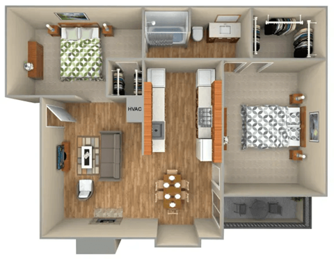 a 3d floor plan of a 560 sq. ft. apartment at Sugar Tree Apartment Homes, Corpus Christi, TX