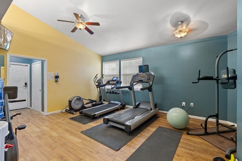 A room with a treadmill, exercise ball, and weights.