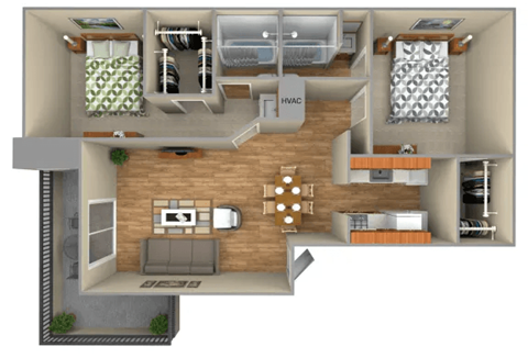 a floor plan of a two bedroom apartment with two bathrooms and two closets at Sugar Tree Apartment Homes, Corpus Christi, 78412