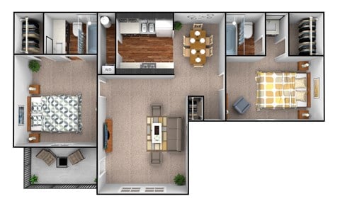 Two bed, two bath 841 sq ft.Floor Plan at Triangle Park Apartments, Durham
