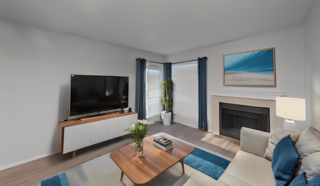 a living room with a couch and a tv and a fireplace