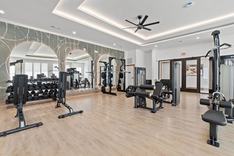 Fitness center with modern equipment and tray ceiling at Tapestry Woodland Hills Apartments, Texas