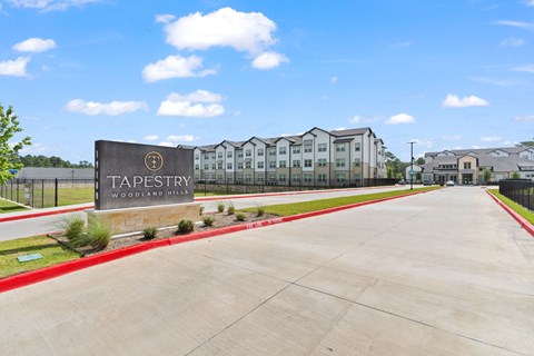 Monument sign at modern apartment community entrance at Tapestry Woodland Hills Apartments, Humble, TX 77346