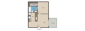 A floor plan of a one bedroom apartment with a bath, kitchen, and living room.