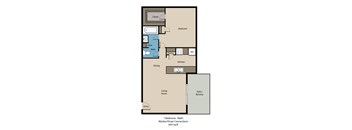 A floor plan of a home with a living room, dining room, kitchen, pantry, bathroom, and bedroom.