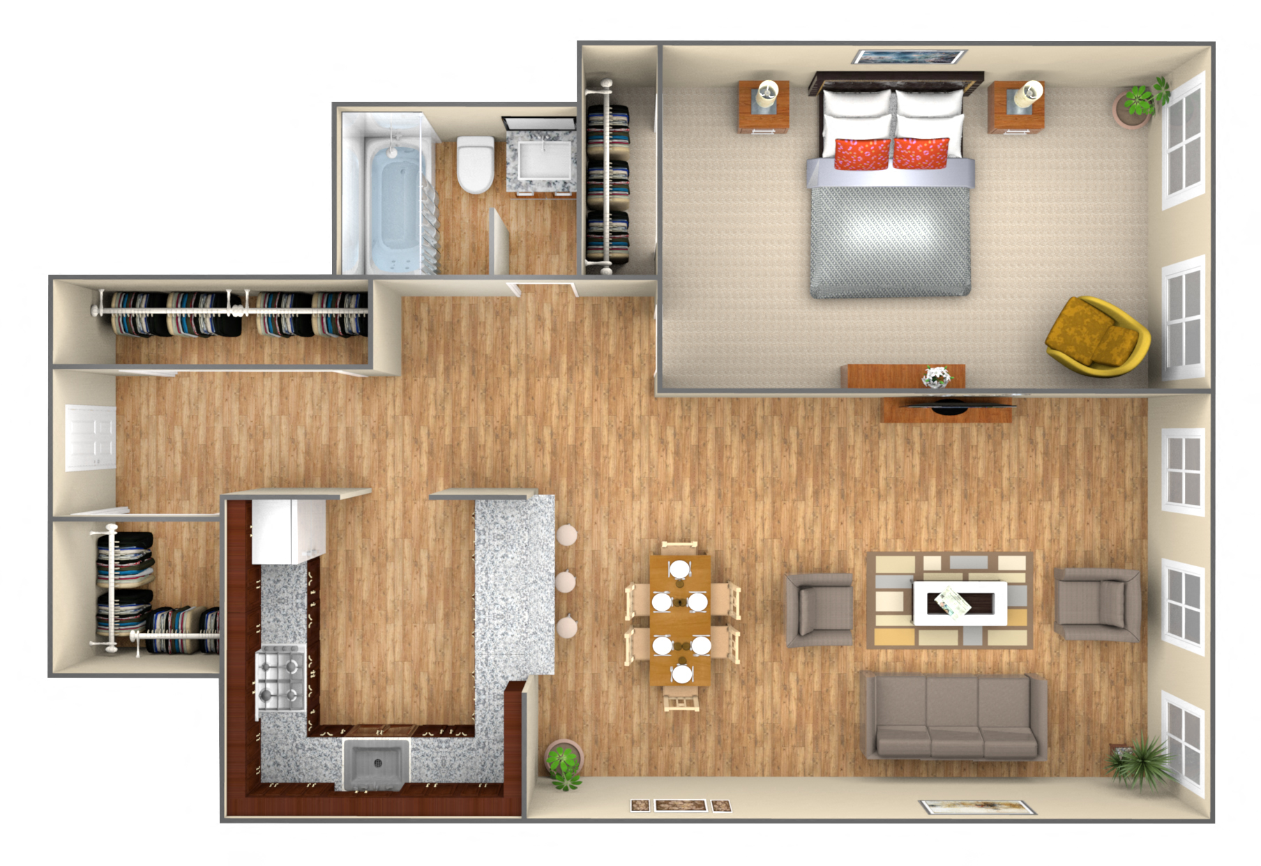 1-bed/1-bath 3D floorplan at 7251 at Waters Edge, Chicago, IL