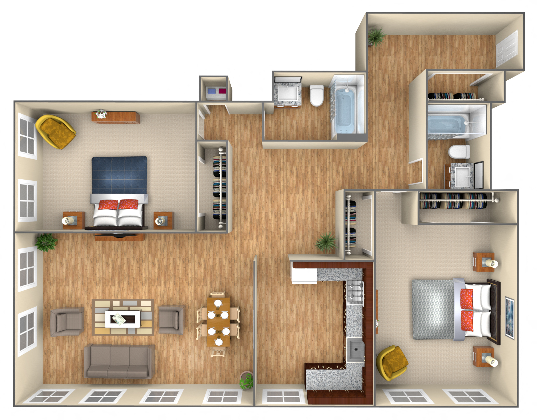 2-bed/2-bath 3D floorplan at 7251 at Waters Edge, Chicago, Illinois