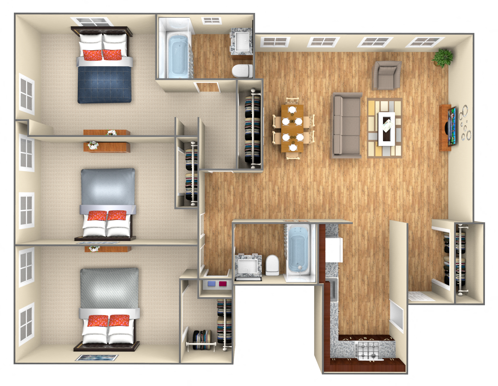 3-bed/2-bath 3D floorplan at 7251 at Waters Edge, Chicago