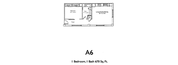 A drawing of a floor plan for a one bedroom apartment with a bath.