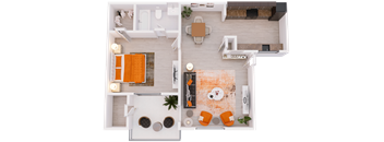 a 3D floor plan of 1-bed/1-bath A