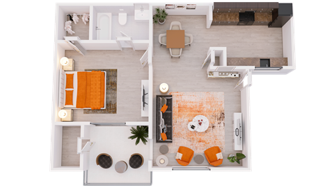 a 3D floor plan of 1-bed/1-bath A