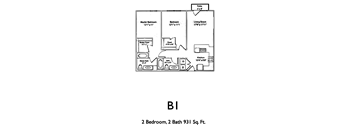 A drawing of a floor plan for a 2 bedroom, 2 bath 931 square foot home.