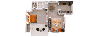 a 3D floor plan of a 1-bed/1-bath B