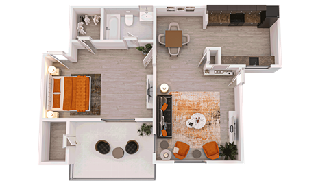 a 3D floor plan of a 1-bed/1-bath B
